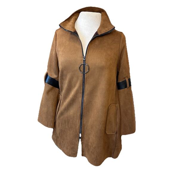 Joseph Ribkoff Swing Jacket Women 6 Brown Vegan Suede Bell Sleeves Full Zip - Picture 1 of 9